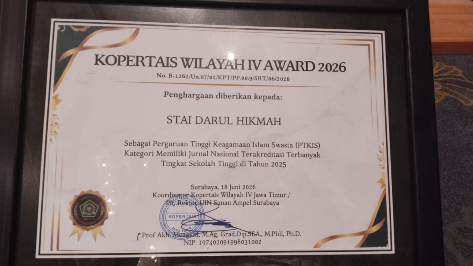 STAI Darul Hikmah Bangkalan Raih Penghargaan PTKIS dengan Jurnal Terakreditasi Terbanyak pada Kopertais Wilayah IV Award 2026